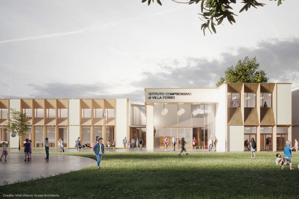 Scuola Villa Ferro Fidenza vista frontale rendering