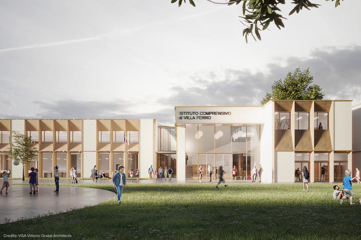 Scuola Villa Ferro Fidenza vista frontale rendering